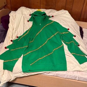 Green Christmas Tree Festive Sweater with Gold Tassel and Star - Size Medium